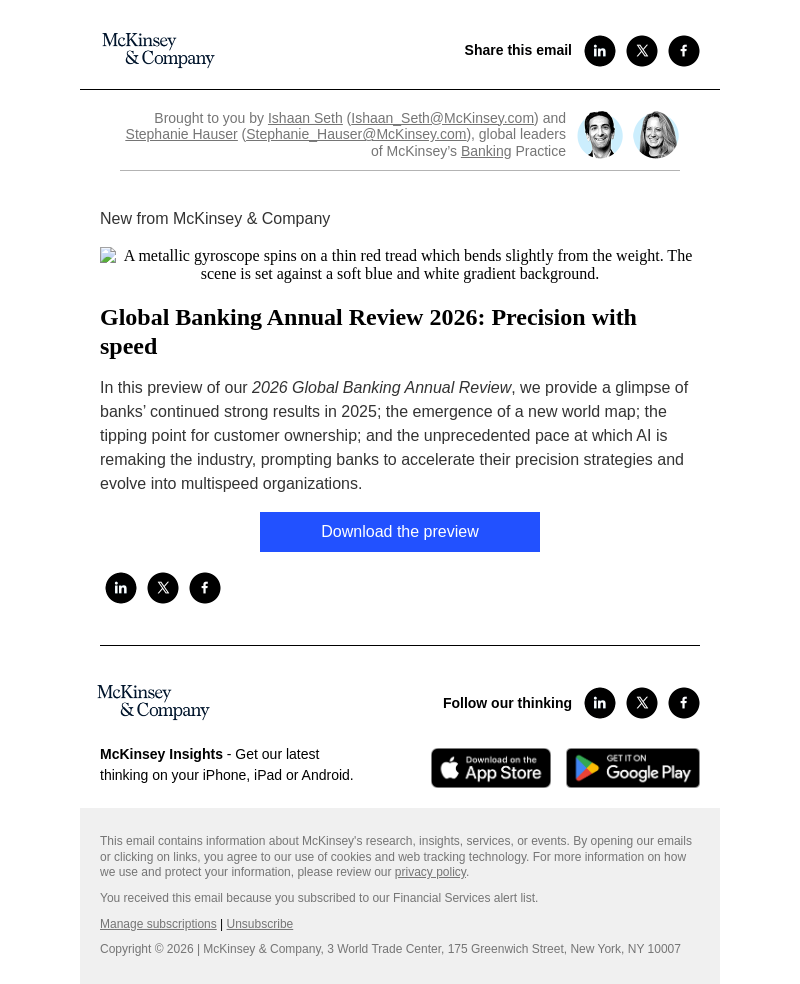 Письмо компании «McKinsey & Company» на тему «Global Banking Annual Review 2026: Precision with speed»