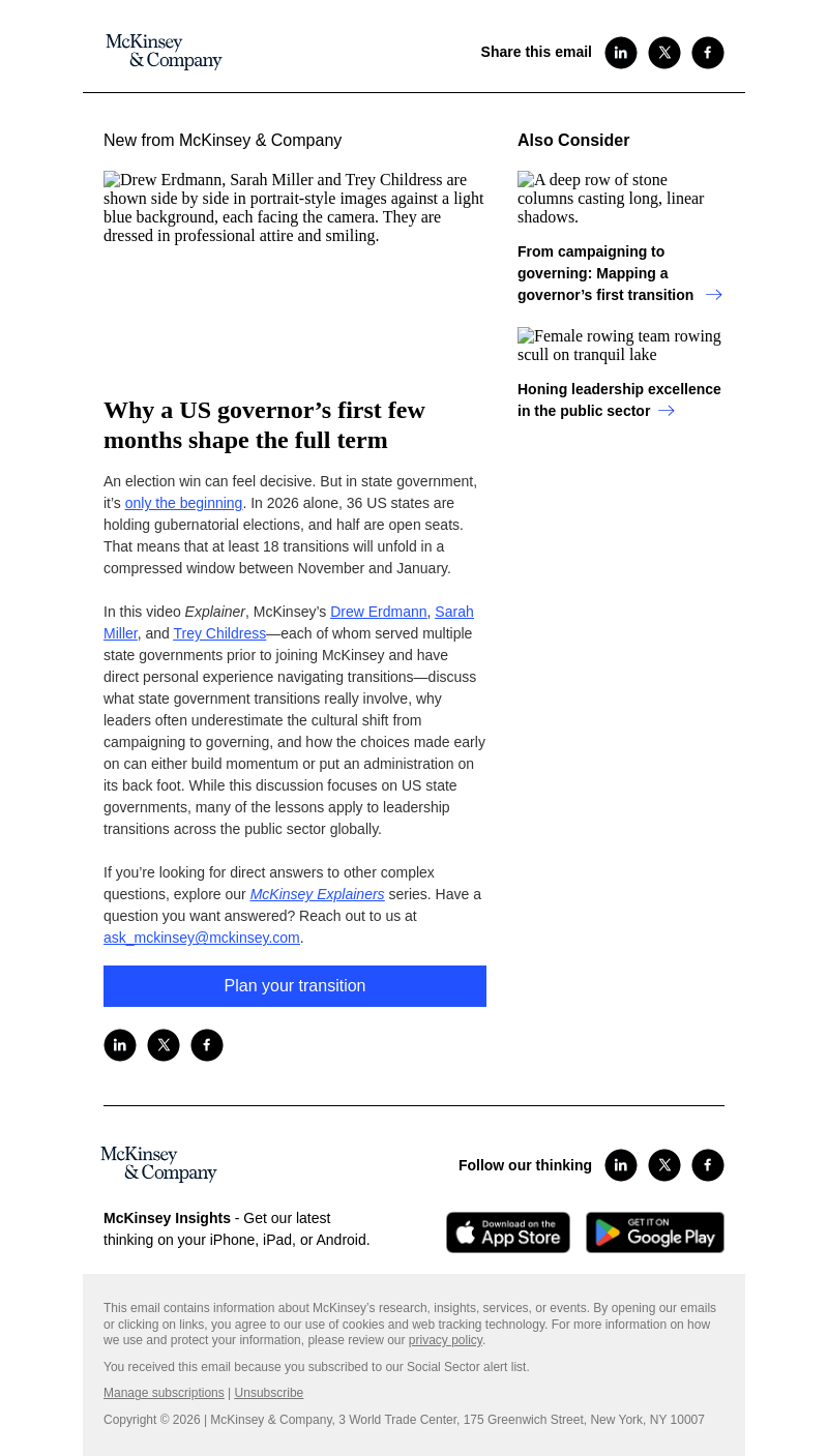 Письмо компании «McKinsey & Company» на тему «Why a US governor’s first few months shape the full term»