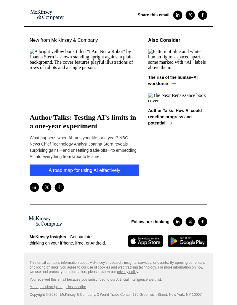 Письмо компании «McKinsey & Company» на тему «Author Talks: Testing AI’s limits in a one-year experiment»