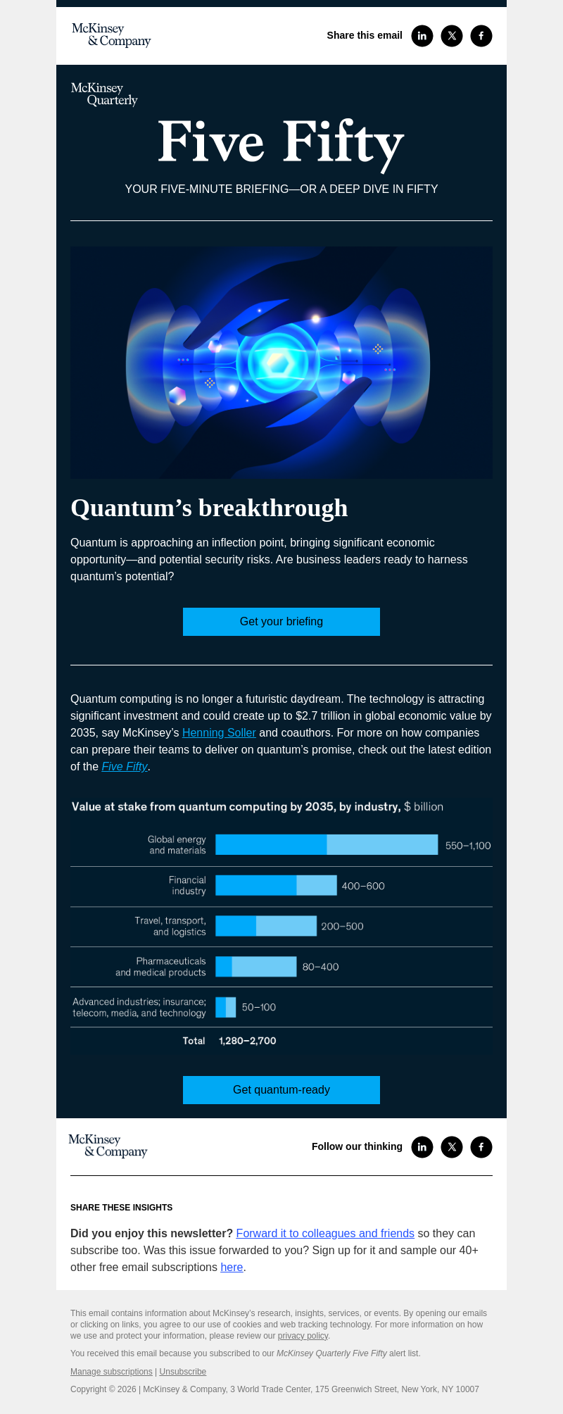 Письмо компании «McKinsey & Company» на тему «Quantum tech is maturing fast. Here’s how leaders can capture value»