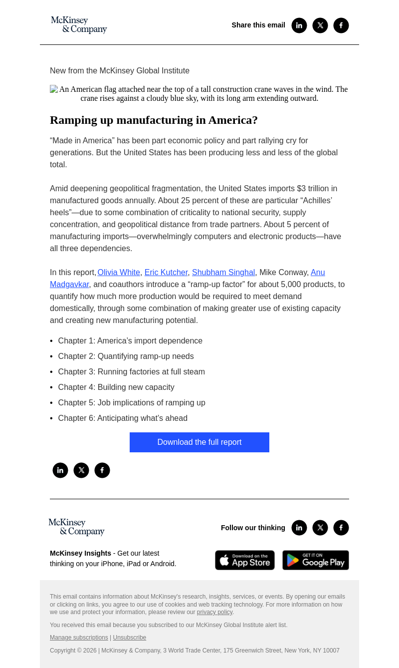 Письмо компании «McKinsey & Company» на тему «Ramping up manufacturing in America?»