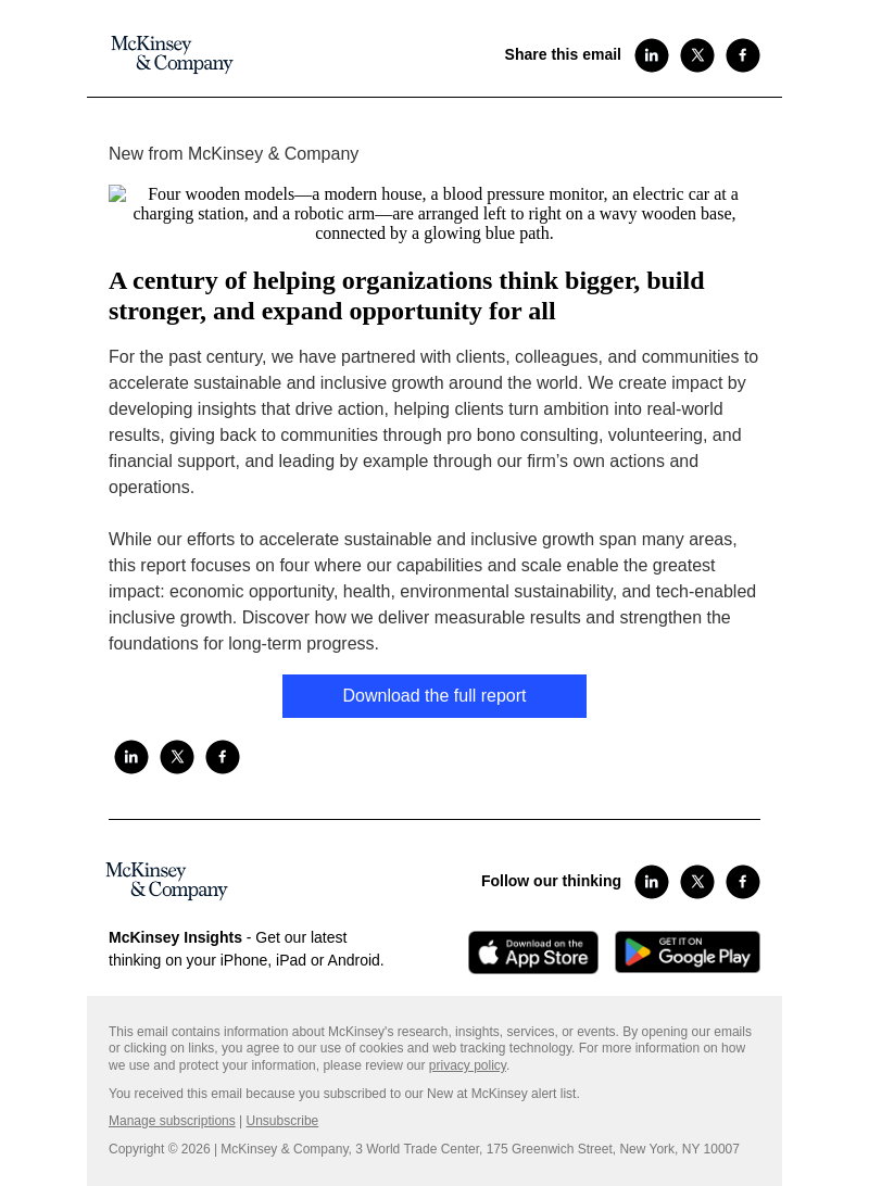 Письмо компании «McKinsey & Company» на тему «2025 Impact Report: Accelerating sustainable and inclusive growth»