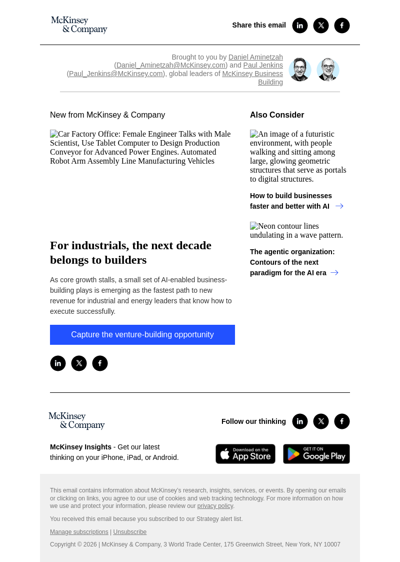 Письмо компании «McKinsey & Company» на тему «For industrials, the next decade belongs to builders»