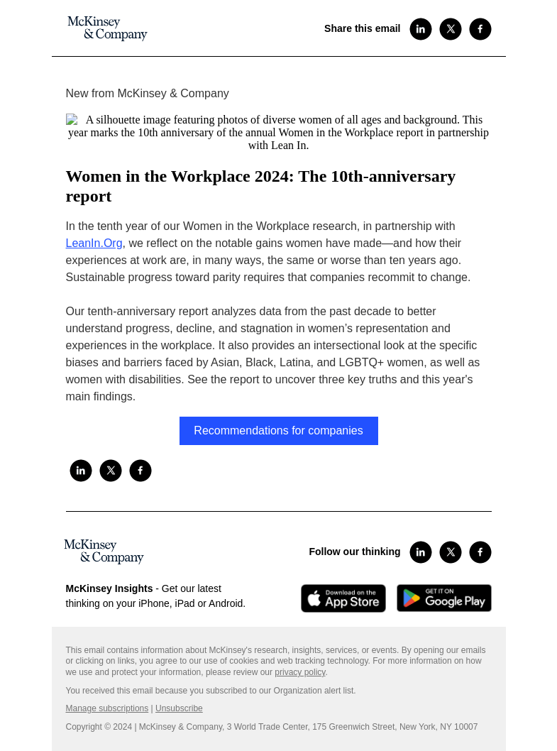 Письмо компании «McKinsey & Company» на тему «Women in the Workplace 2024: The 10th-anniversary report»
