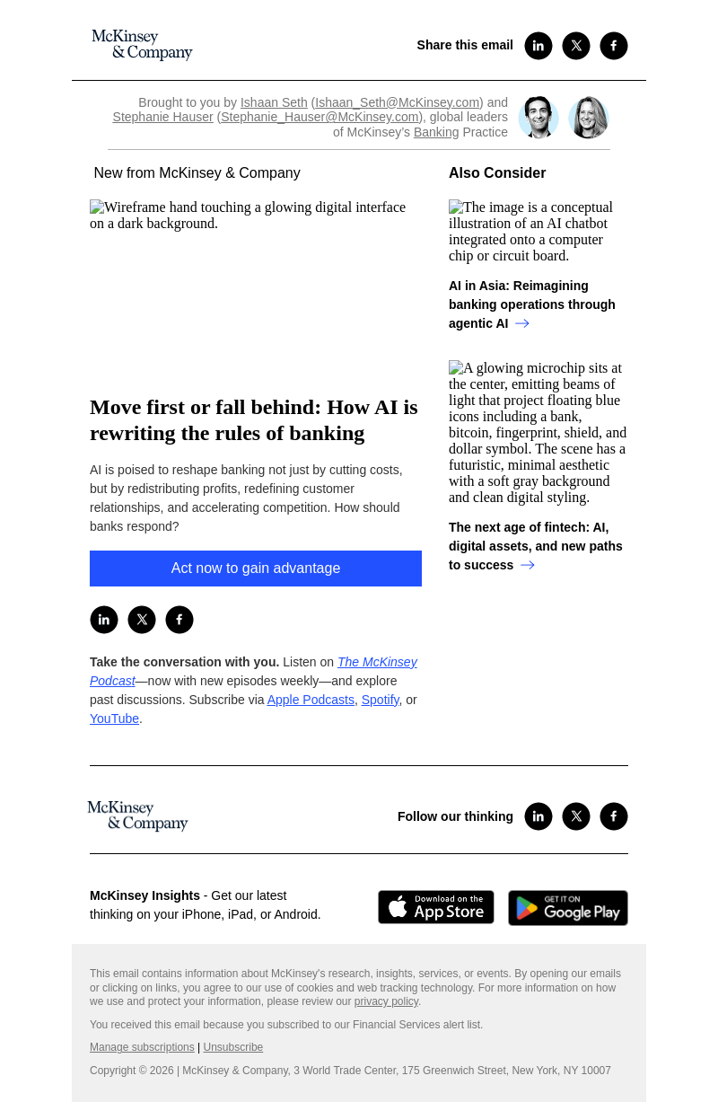Письмо компании «McKinsey & Company» на тему «Move first or fall behind: How AI is rewriting the rules of banking»