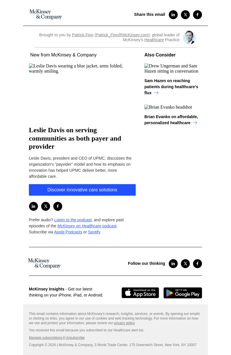Письмо компании «McKinsey & Company» на тему «Leslie Davis on serving communities as both payer and provider»