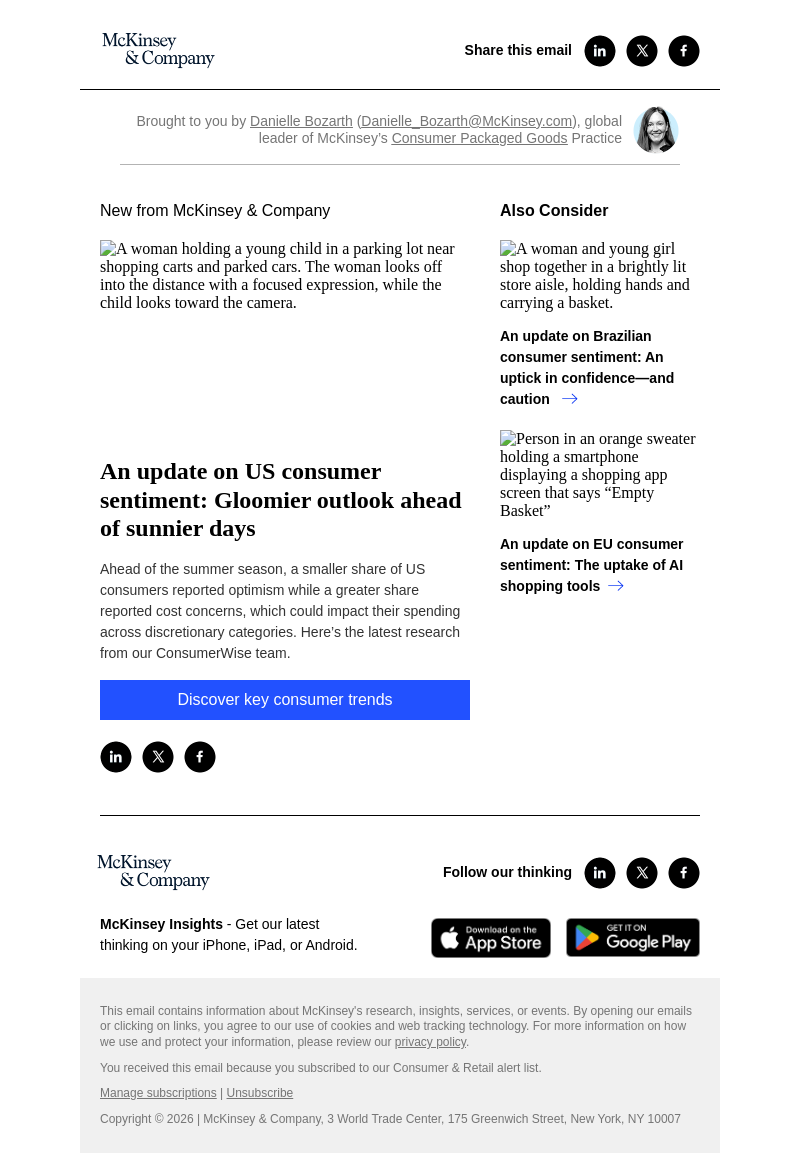 Письмо компании «McKinsey & Company» на тему «An update on US consumer sentiment: Gloomier outlook ahead of
 sunnier days»