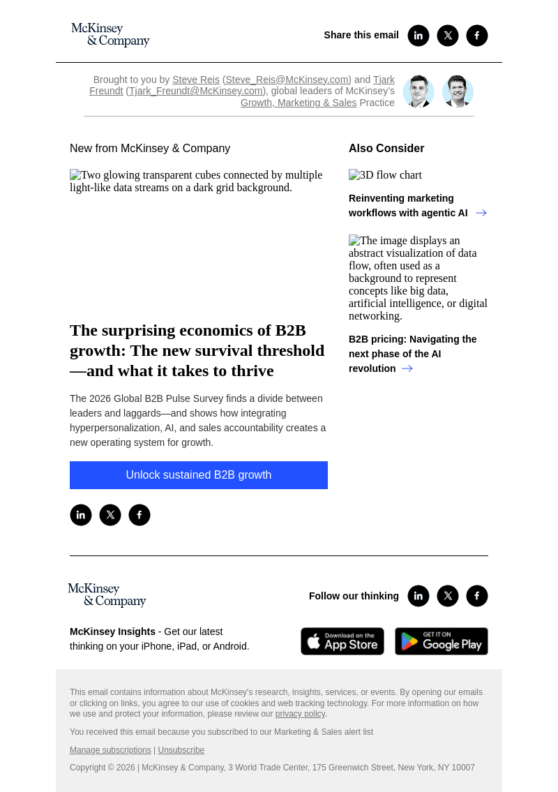 Письмо компании «McKinsey & Company» на тему «The surprising economics of B2B growth: The new survival threshold—and what it takes to thrive»