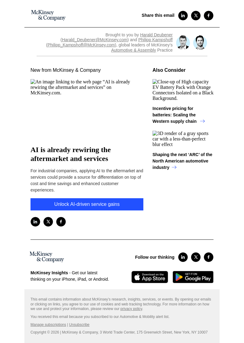 Письмо компании «McKinsey & Company» на тему «AI is already rewiring the aftermarket and services»