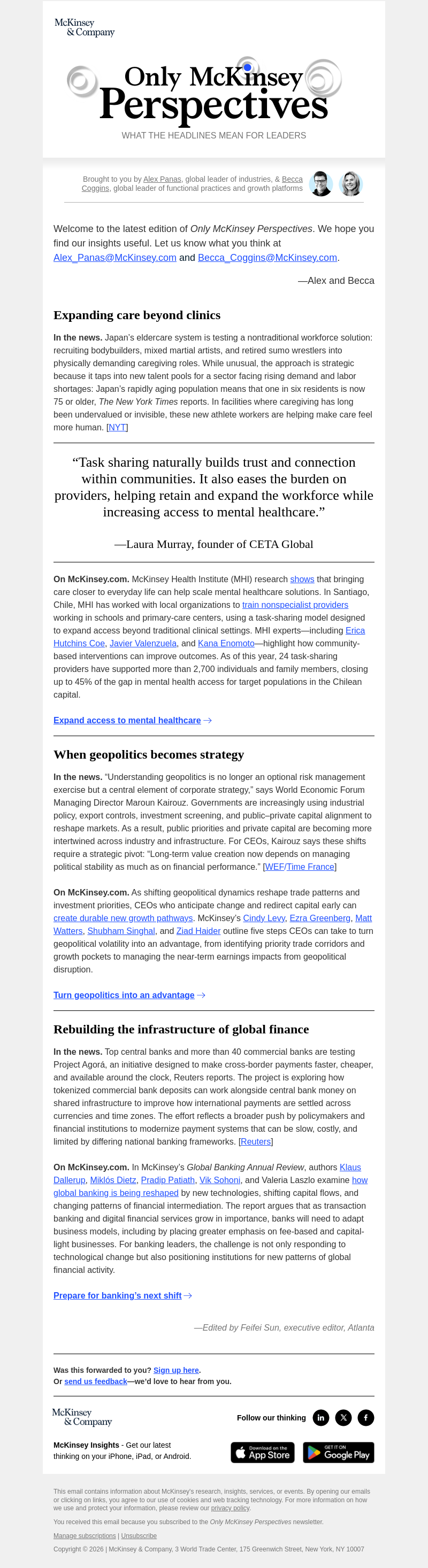 Письмо компании «McKinsey & Company» на тему «Mental health expands beyond clinics. Plus, geopolitics guides
 strategy and banking rebuilds payments.»