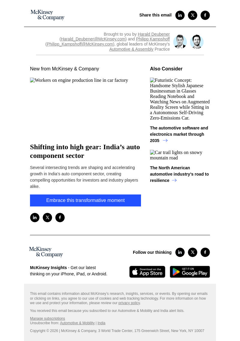 Письмо компании «McKinsey & Company» на тему «Shifting into high gear: India’s auto component sector»