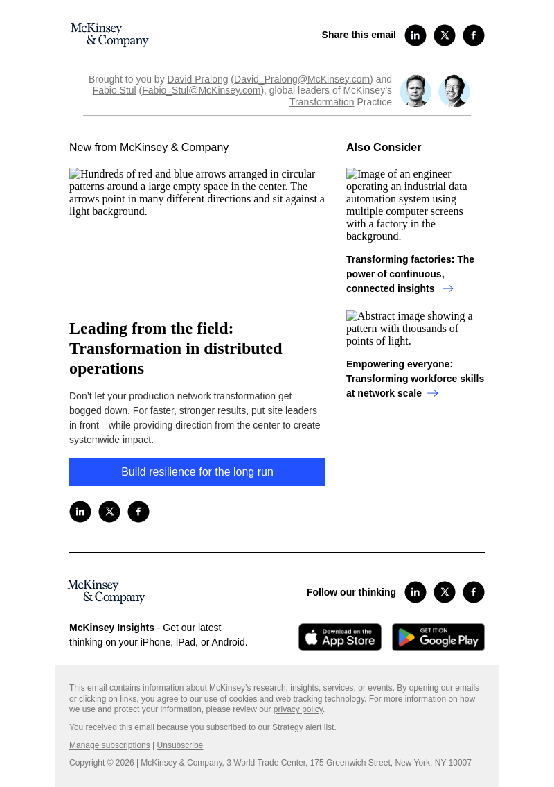 Письмо компании «McKinsey & Company» на тему «Leading from the field: Transformation in distributed operations»