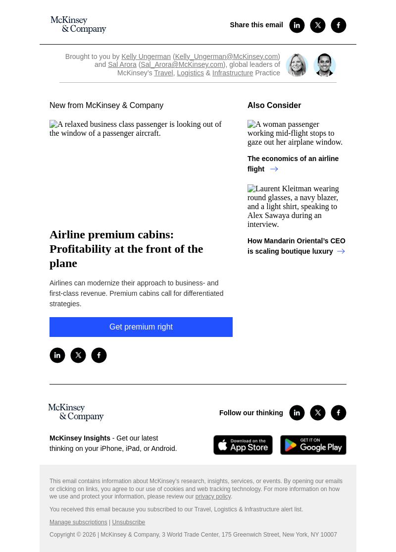 Письмо компании «McKinsey & Company» на тему «Airline premium cabins: Profitability at the front of the plane»