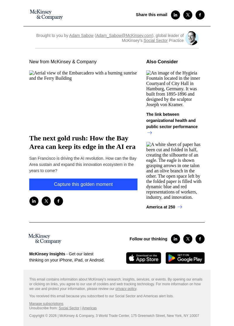 Письмо компании «McKinsey & Company» на тему «The next gold rush: How the Bay Area can keep its edge in the AI
 era»