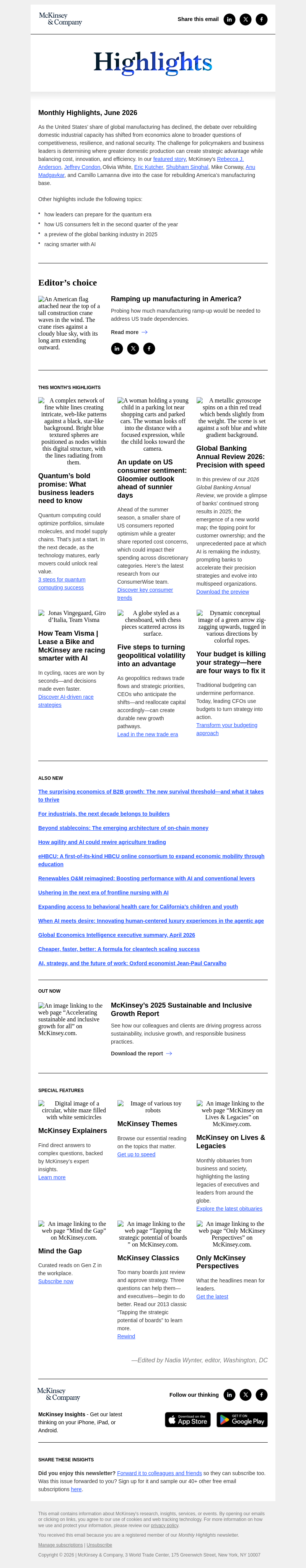Письмо компании «McKinsey & Company» на тему «Rebuilding America’s manufacturing base, the quantum opportunity, and more»