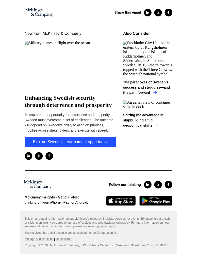 Письмо компании «McKinsey & Company» на тему «Enhancing Swedish security through deterrence and prosperity»