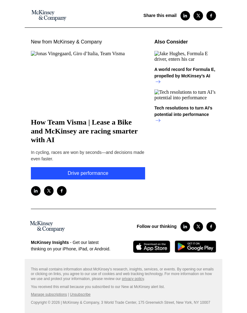 Письмо компании «McKinsey & Company» на тему «How Team Visma | Lease a Bike and McKinsey are racing smarter with
 AI»