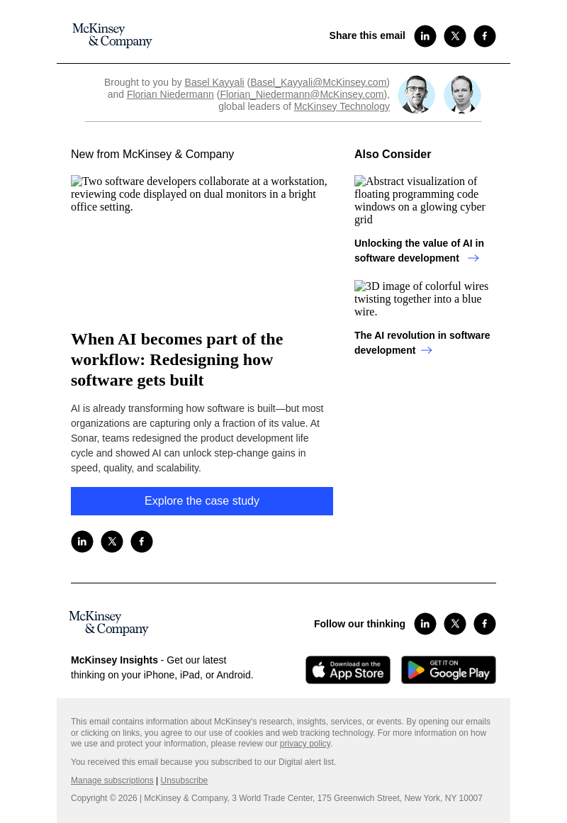 Письмо компании «McKinsey & Company» на тему «When AI becomes part of the workflow: Redesigning how software gets
 built»