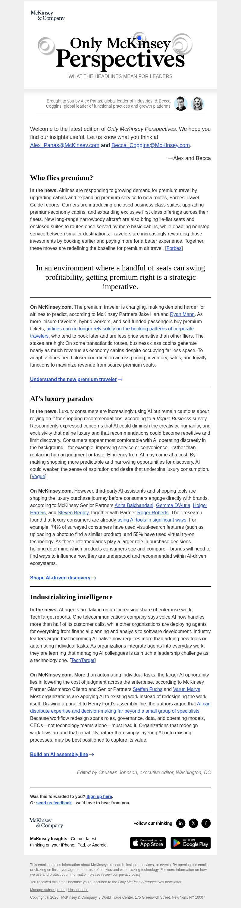 Письмо компании «McKinsey & Company» на тему «Premium travel evolves, luxury brands navigate AI influence, and AI
 agents reshape decision-making»