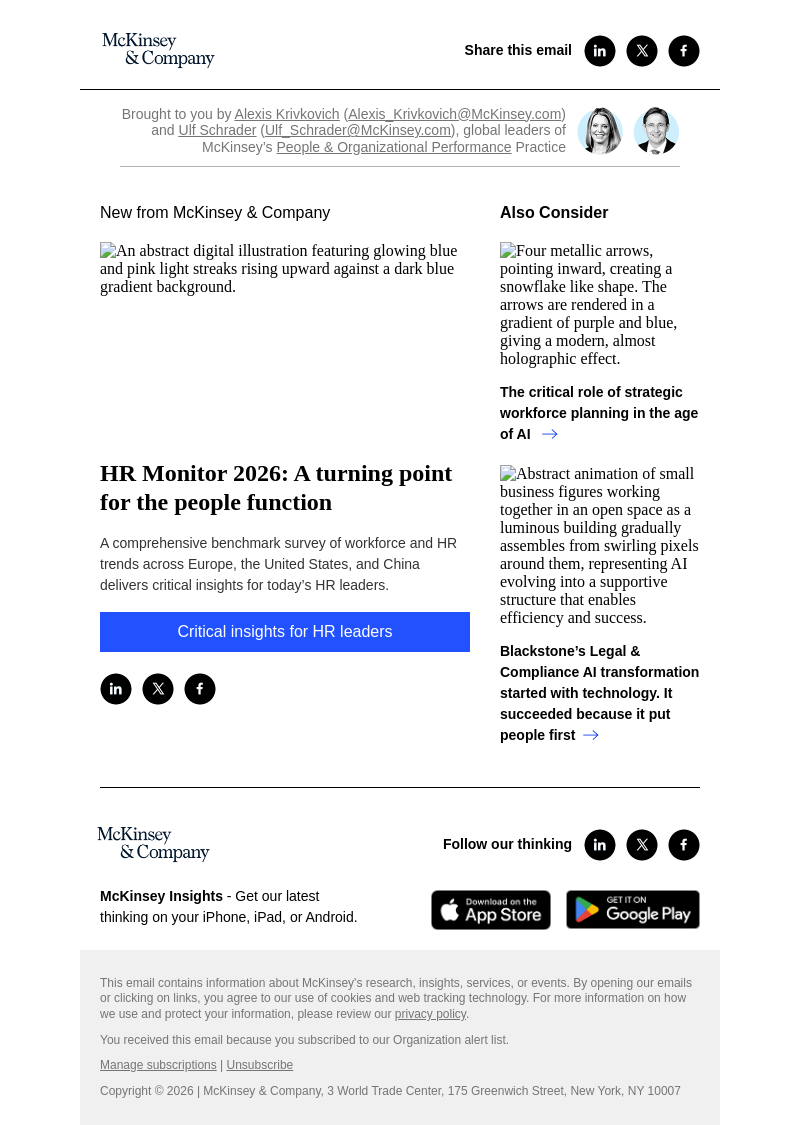 Письмо компании «McKinsey & Company» на тему «HR Monitor 2026: A turning point for the people function»