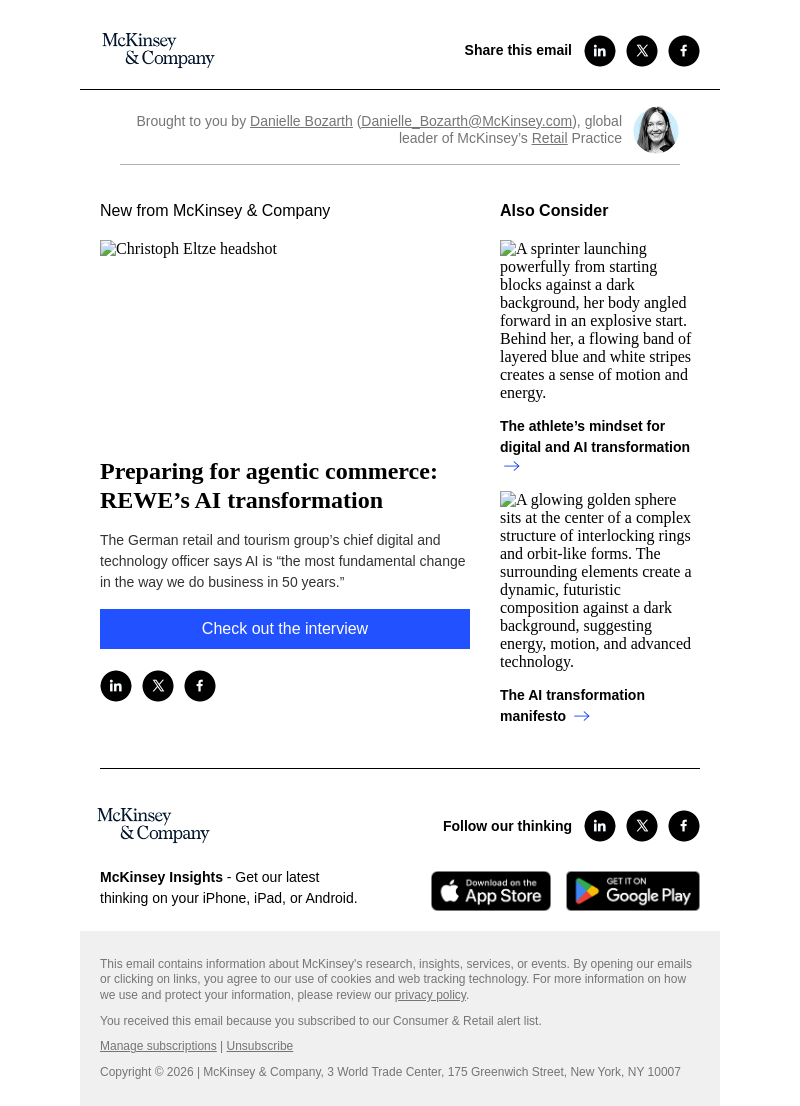 Письмо компании «McKinsey & Company» на тему «Preparing for agentic commerce: REWE’s AI transformation»
