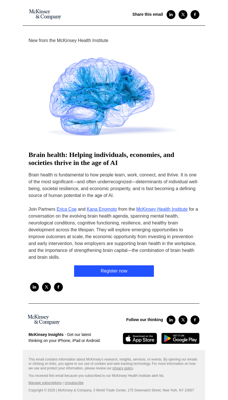 Письмо компании «McKinsey & Company» на тему «You’re invited! Join us for a McKinsey Live virtual event on brain health »