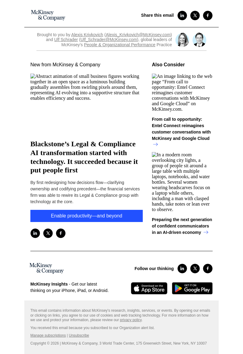 Письмо компании «McKinsey & Company» на тему «Blackstone’s Legal & Compliance AI transformation started with technology. It succeeded because it put people first»