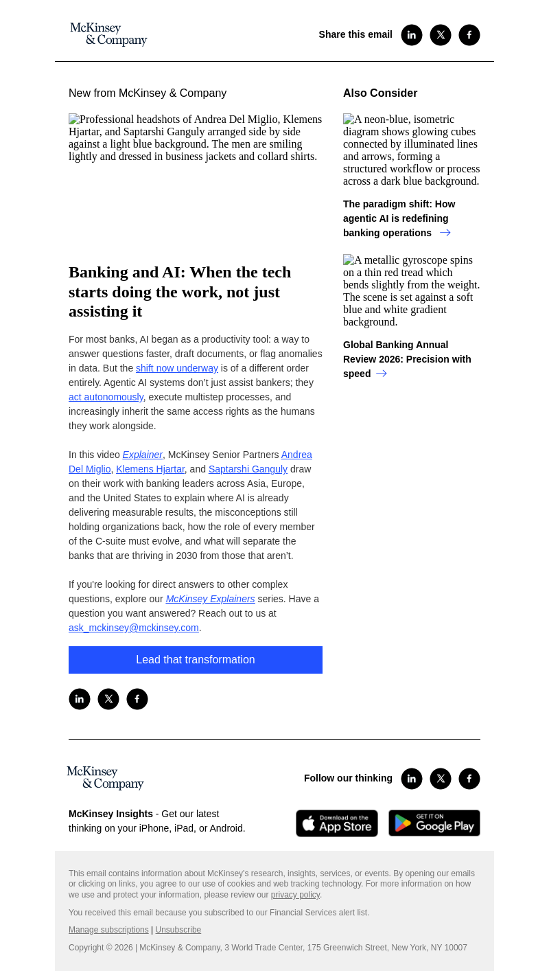 Письмо компании «McKinsey & Company» на тему «Banking and AI: When the tech starts doing the work, not just
 assisting it»