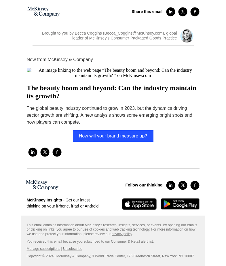 Письмо компании «McKinsey & Company» на тему «The beauty boom and beyond: Can the industry maintain its growth?»