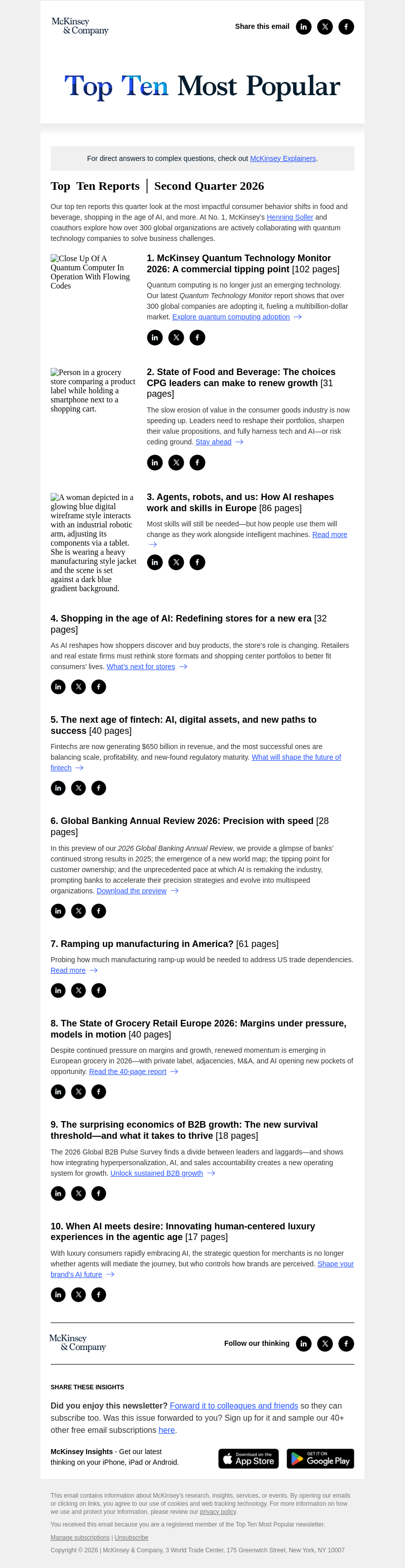 Письмо компании «McKinsey & Company» на тему «Top 10 reports this quarter»