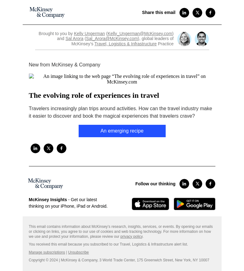 Письмо компании «McKinsey & Company» на тему «The evolving role of experiences in travel»