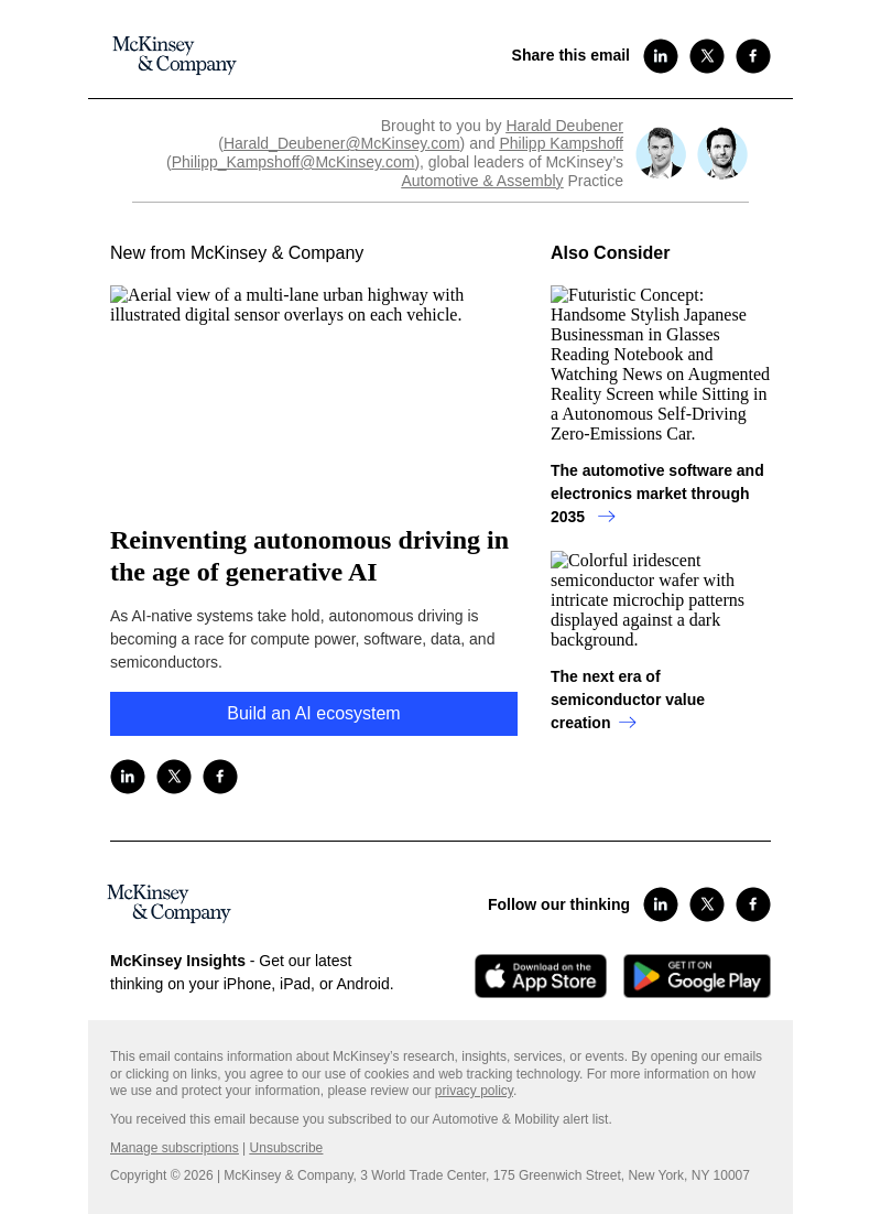 Письмо компании «McKinsey & Company» на тему «Reinventing autonomous driving in the age of generative AI»