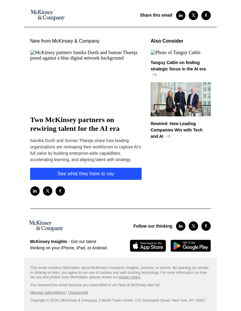 Письмо компании «McKinsey & Company» на тему «Two McKinsey partners on rewiring talent for the AI era»