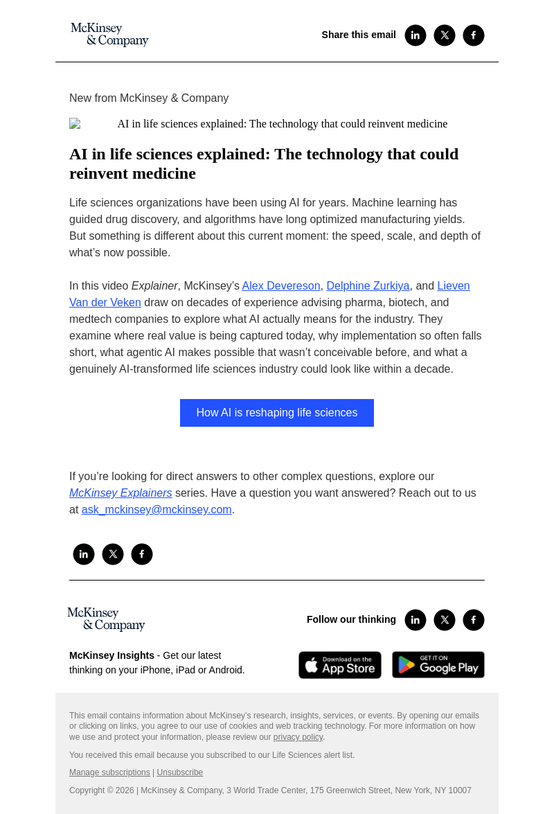 Письмо компании «McKinsey & Company» на тему «AI in life sciences explained: The technology that could reinvent
 medicine»