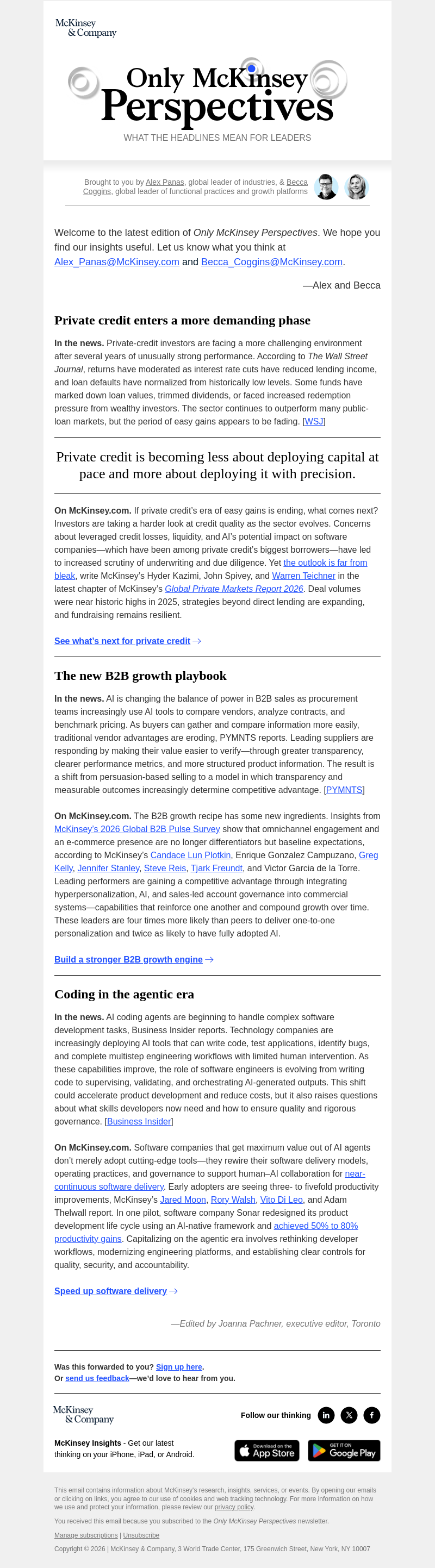 Письмо компании «McKinsey & Company» на тему «Private credit’s next phase, new buying patterns in B2B, and software development in the agentic era»