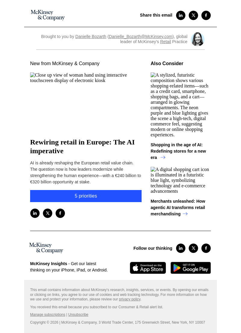 Письмо компании «McKinsey & Company» на тему «Rewiring retail in Europe: The AI imperative»