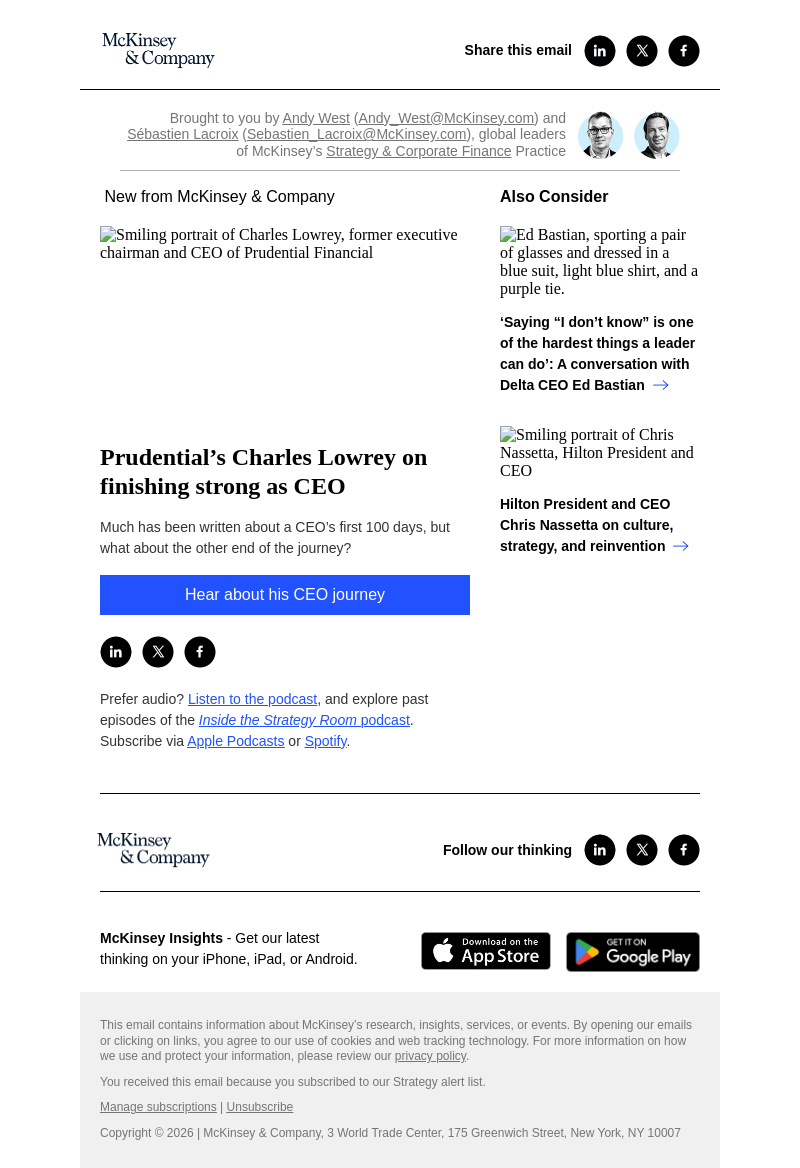 Письмо компании «McKinsey & Company» на тему «Prudential’s Charles Lowrey on finishing strong as CEO»