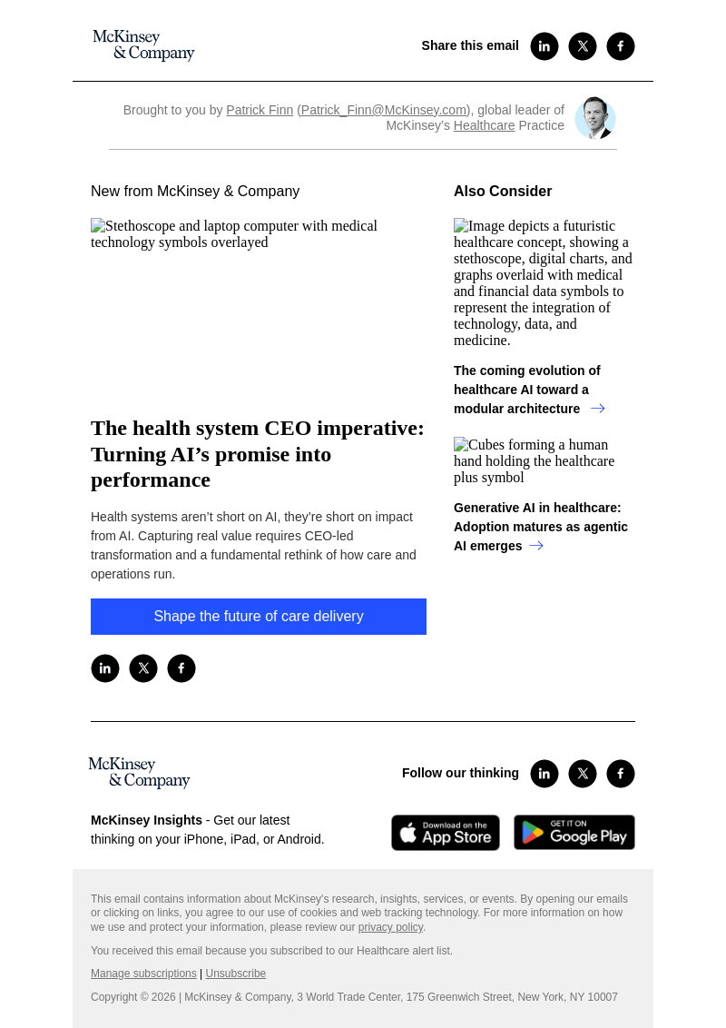 Письмо компании «McKinsey & Company» на тему «The health system CEO imperative: Turning AI’s promise into performance»