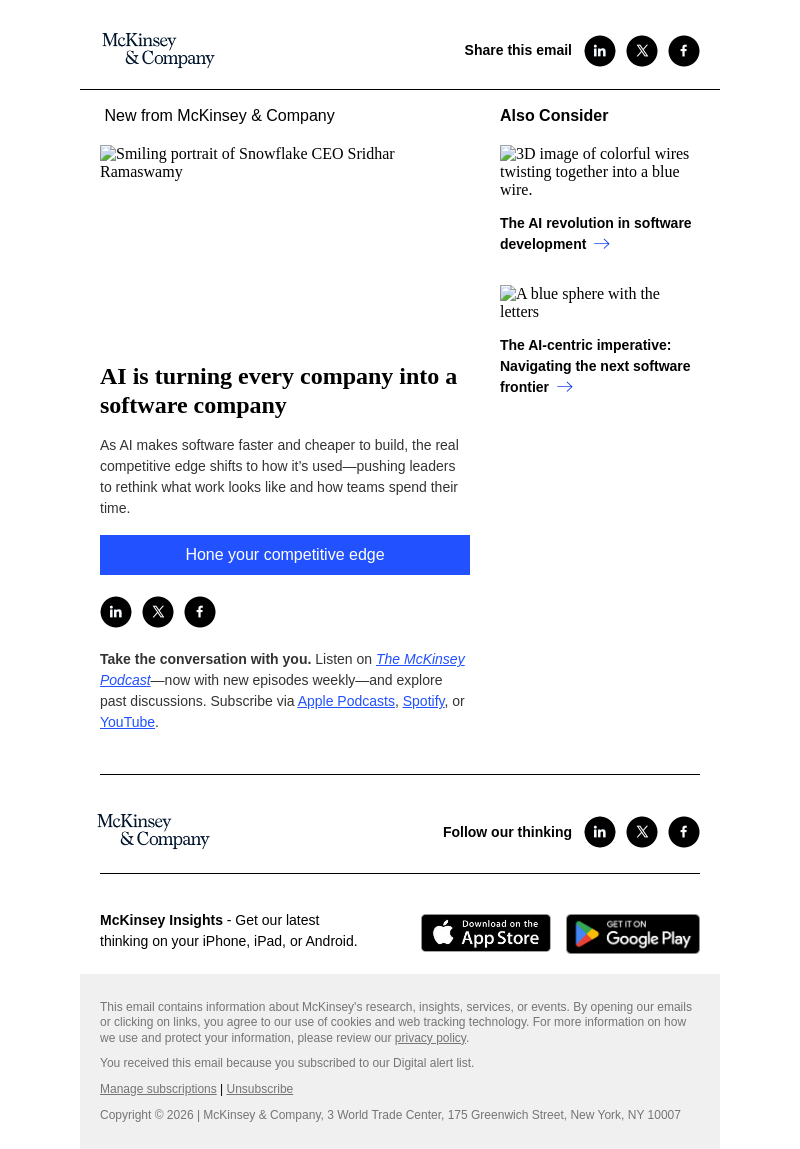 Письмо компании «McKinsey & Company» на тему «AI is turning every company into a software company»