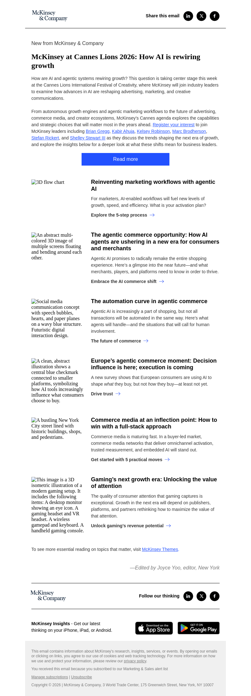 Письмо компании «McKinsey & Company» на тему «Inside McKinsey’s Cannes Lions 2026 agenda»