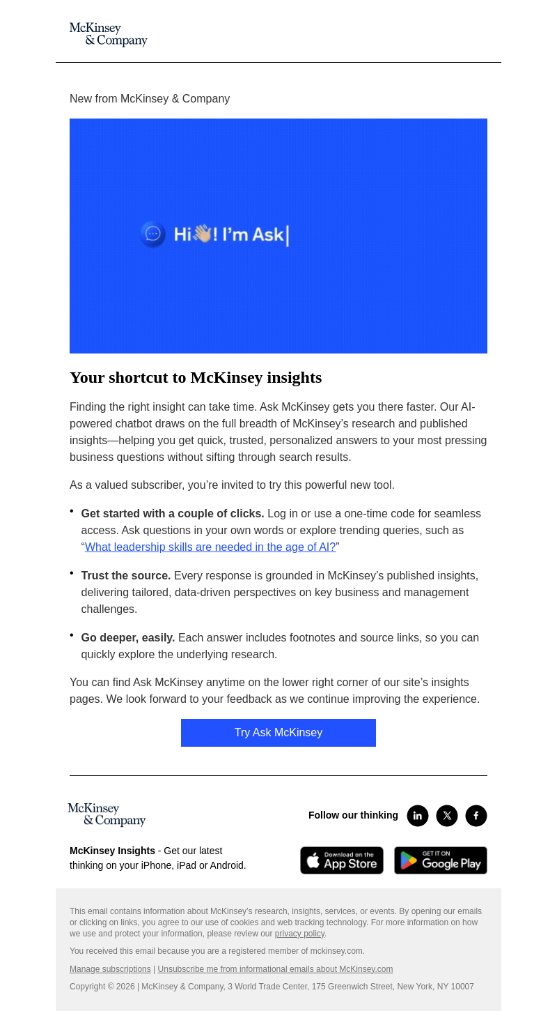 Письмо компании «McKinsey & Company» на тему «Skip the search: Get instant answers from McKinsey »