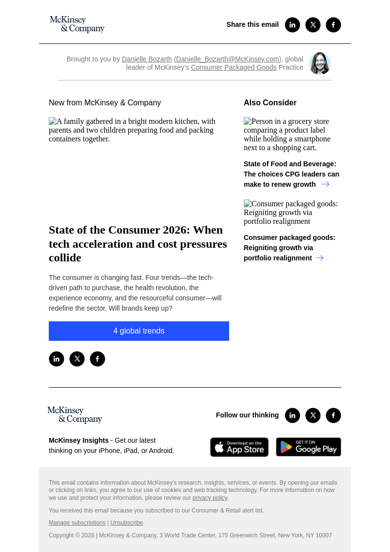 Письмо компании «McKinsey & Company» на тему «State of the Consumer 2026: When tech acceleration and cost
 pressures collide»