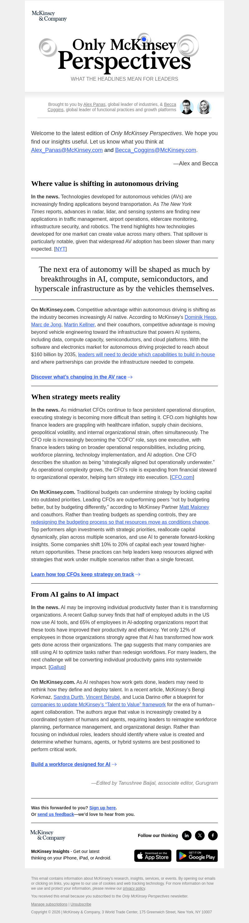Письмо компании «McKinsey & Company» на тему «What autonomous vehicles reveal about the future of AI. Plus, how
 leaders can redesign budgets and talent models for change.»