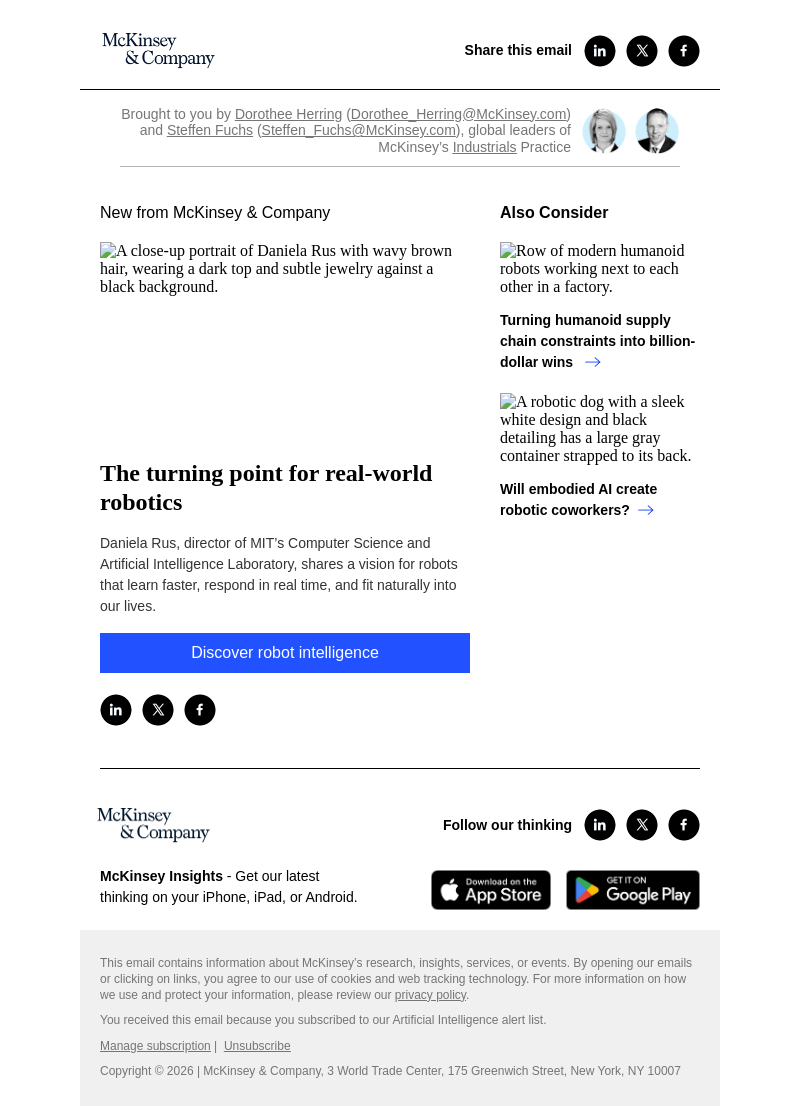 Письмо компании «McKinsey & Company» на тему «The turning point for real-world robotics»