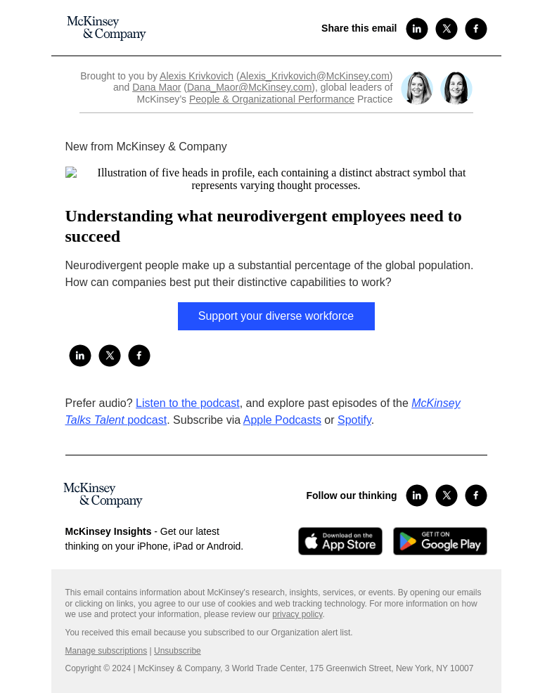 Письмо компании «McKinsey & Company» на тему «Understanding what neurodivergent employees need to succeed»