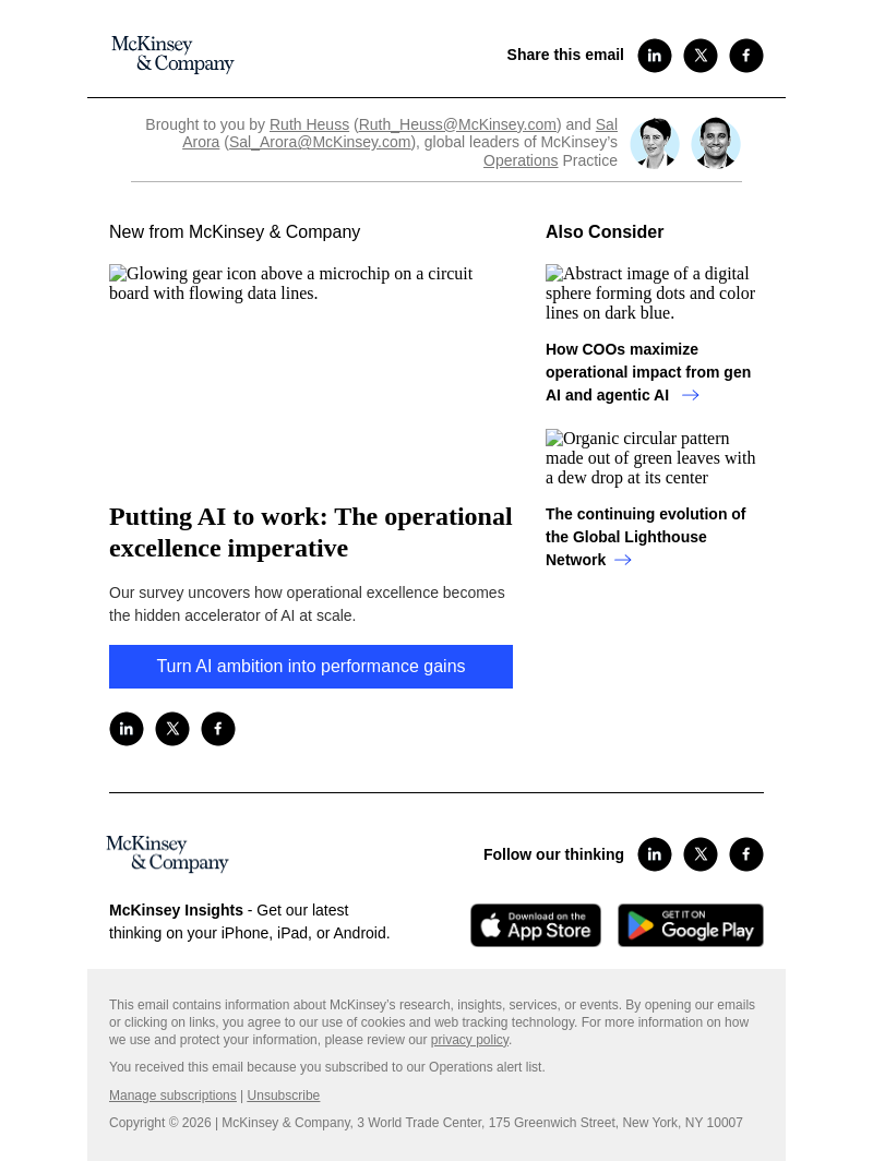 Письмо компании «McKinsey & Company» на тему «Putting AI to work: The operational excellence imperative»