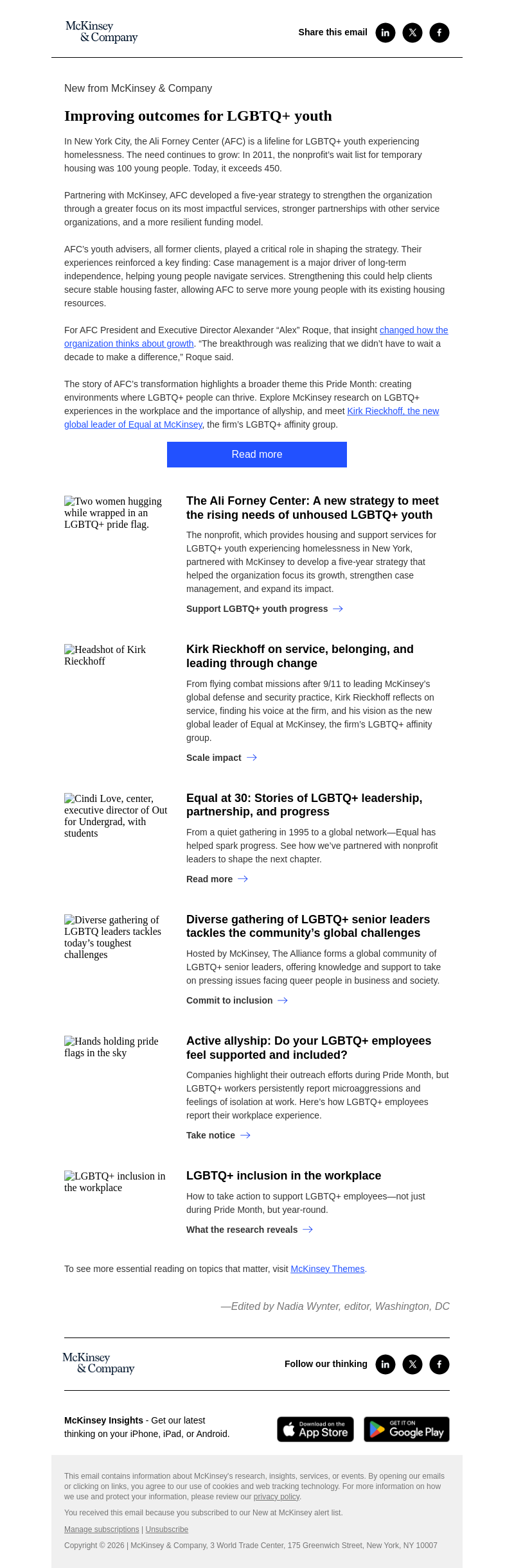 Письмо компании «McKinsey & Company» на тему «Pride Month: A new strategy to support unhoused LGBTQ+ youth»