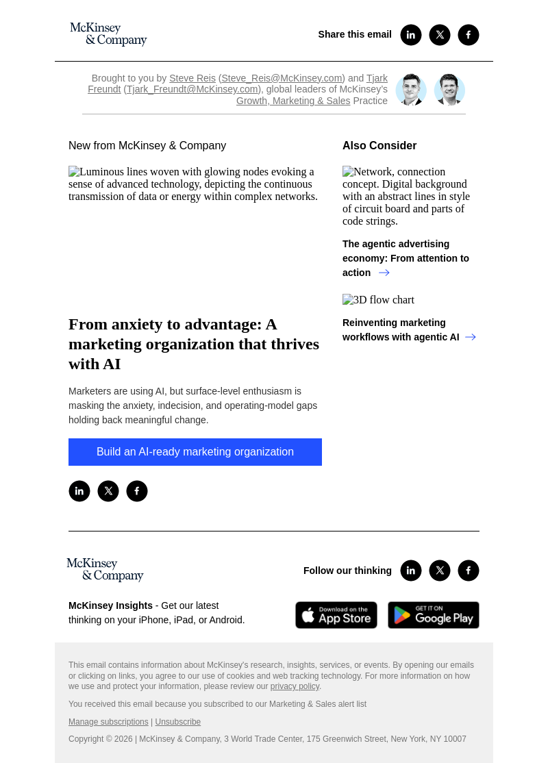 Письмо компании «McKinsey & Company» на тему «From anxiety to advantage: A marketing organization that thrives
 with AI»