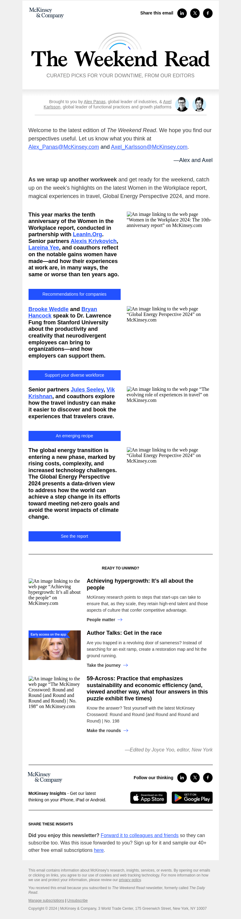 Письмо компании «McKinsey & Company» на тему «Women in the Workplace 2024, magical experiences in travel,
 neurodivergent employees, and more: The Weekend Read»