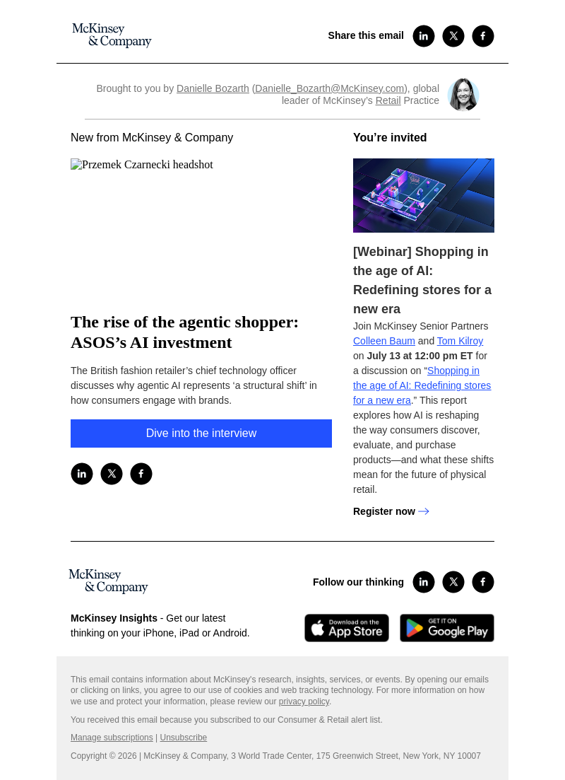 Письмо компании «McKinsey & Company» на тему «The rise of the agentic shopper: ASOS’s AI investment»
